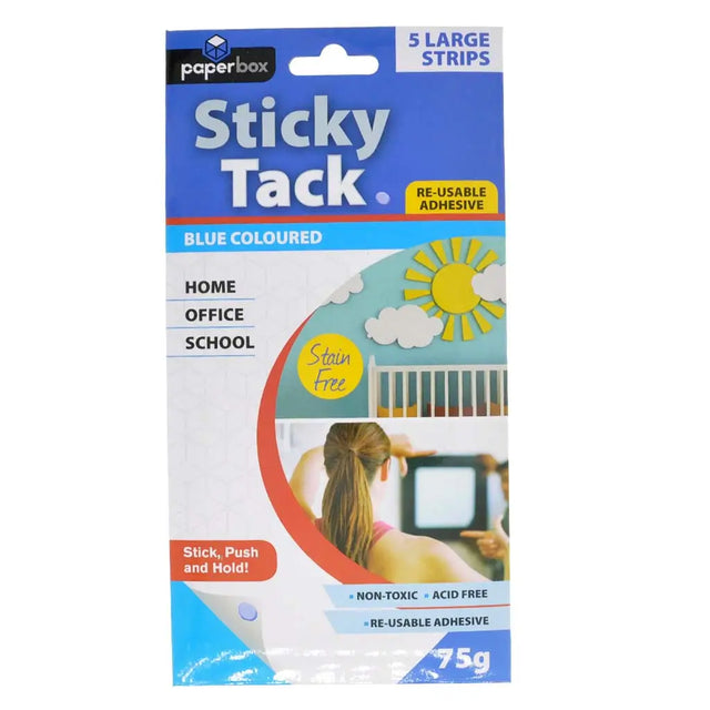 Packaging of Sticky Tack with blue adhesive strips for home, office, and school use.