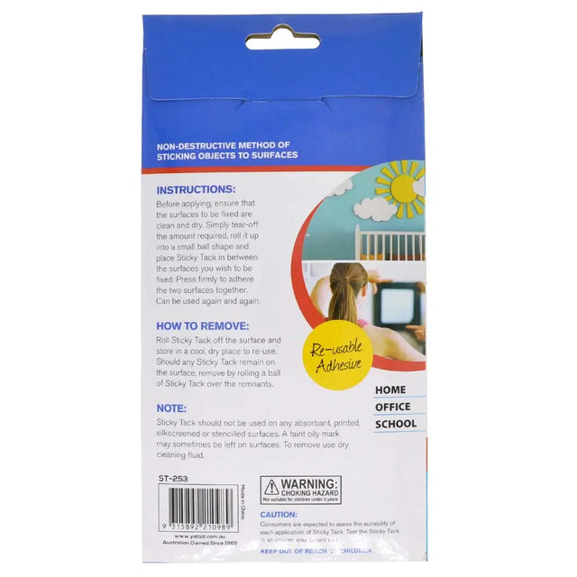 Back of a packaging box for a non-destructive method of sticking objects to surfaces with text and graphics.
