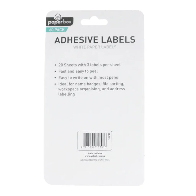 Packaging of adhesive labels with product details on a white background
