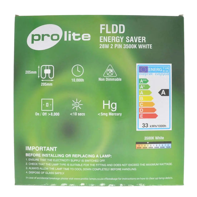 Prolite FLDD Energy Saver packaging with green background and product details.