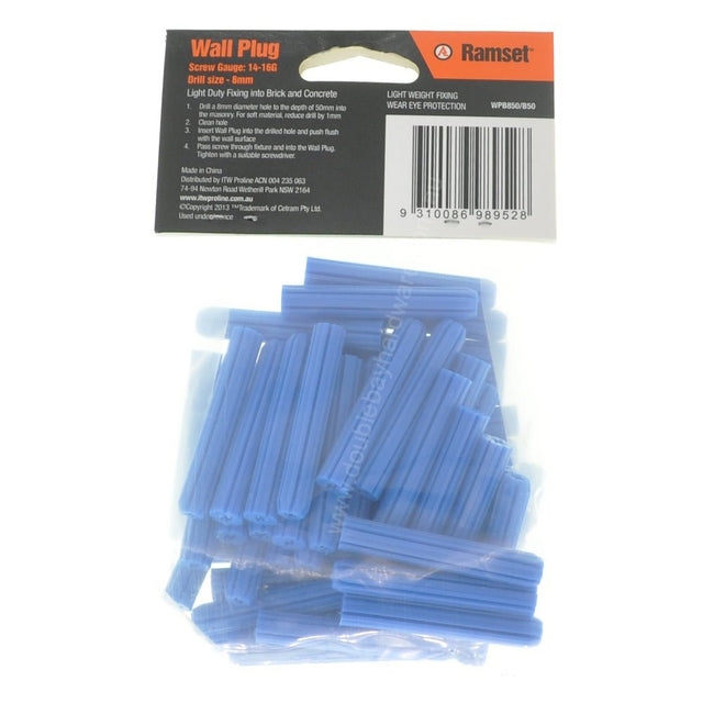 Ramset Wall Plug Blue 8x50mm For 14 - 16 Gauge Screw WPB850/B50