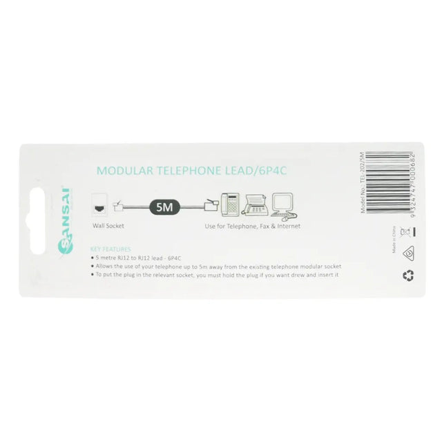 SANSAI 5M Telephone Cable Line Cord Mod to Mod/6P4C TEL - 202/5M