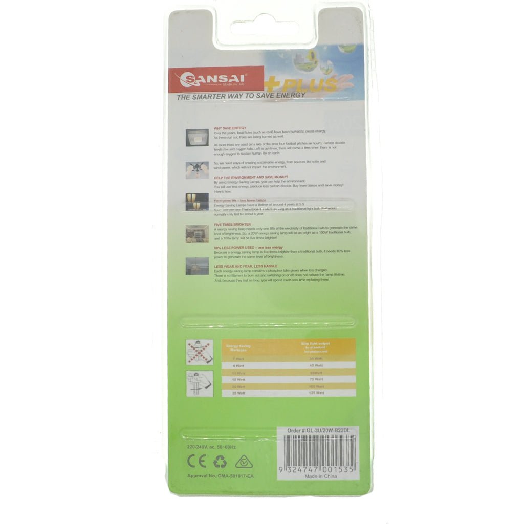 SANSAI Energy Saving 3U Light Bulb B22 240V 20W D/L