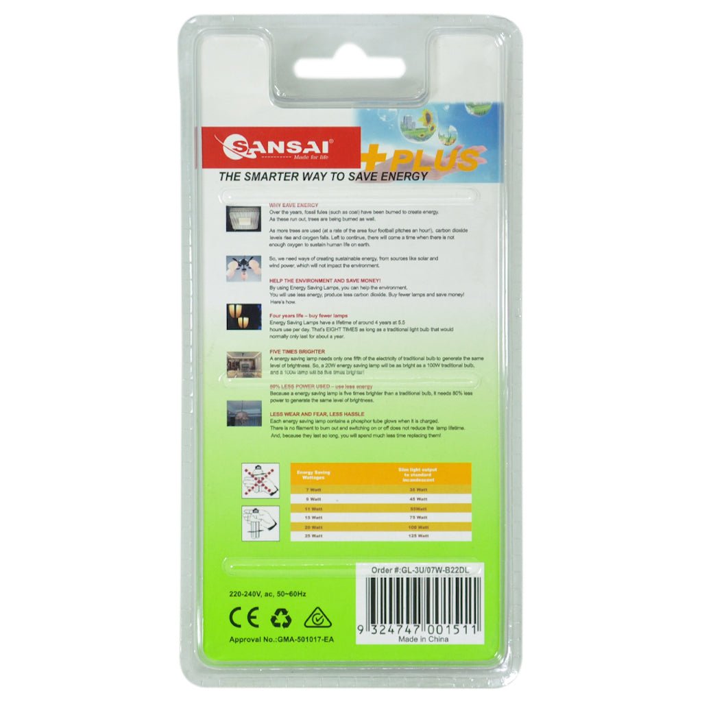 SANSAI Energy Saving 3U Light Bulb B22 240V 7W D/L