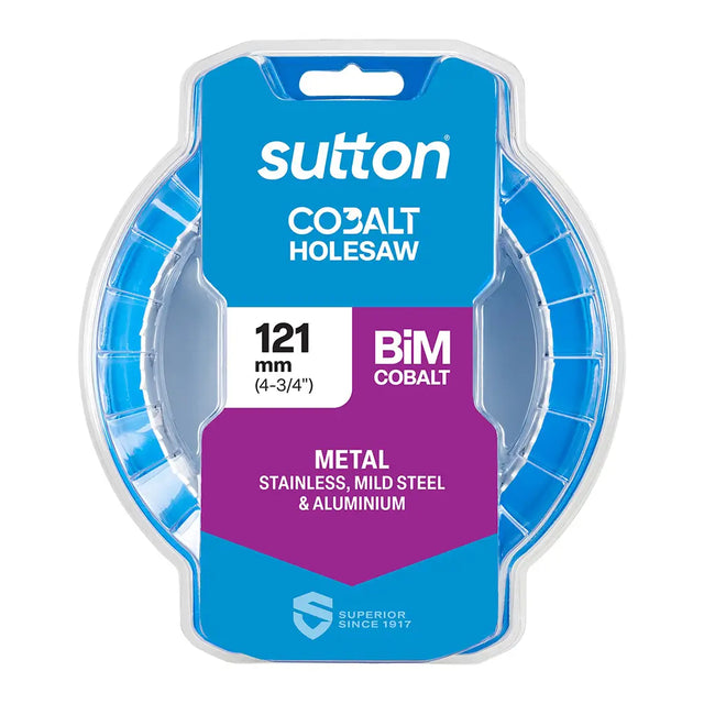 Sutton Co26 Holesaw metal cutting blade in its retail packaging, featuring a 121 mm (4-3/4") BiM Cobalt stainless steel blade on a blue and purple card backing.