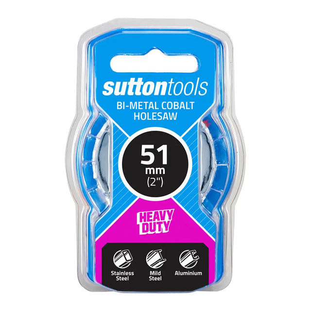 Sutton Tools bi-metal cobalt holesaw in a 51 mm (2 inch) heavy-duty package. The product is shown in its retail blister pack with blue, black, and magenta graphics, indicating stainless steel, mild steel, and aluminium cutting capabilities.