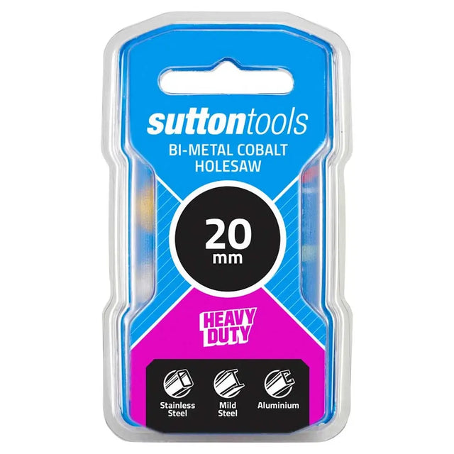 Sutton Tools 20 mm bi-metal cobalt holesaw in retail blister packaging, featuring a blue and magenta card insert with product details and material icons.