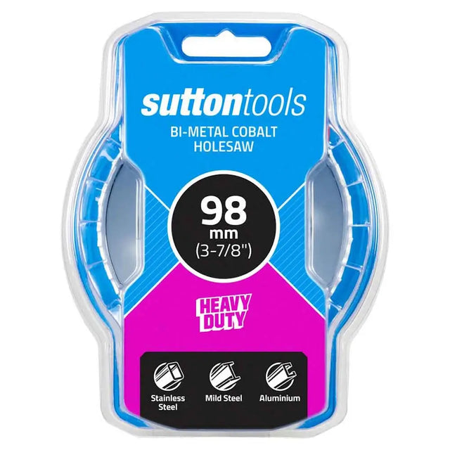 Sutton Tools bi-metal cobalt holesaw in 98 mm (3-7/8 inches) heavy duty stainless steel, shown in its original blue and pink blister packaging.