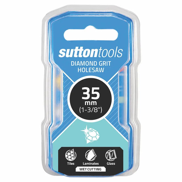 Sutton Tools 35 mm diamond grit holesaw in retail packaging, designed for wet cutting tiles, laminates, and glass.