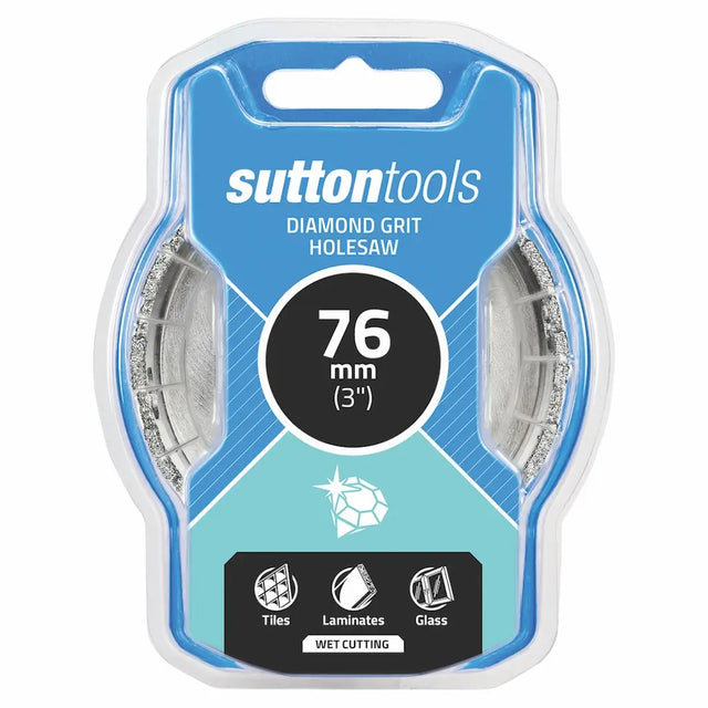 Sutton Tools 76 mm diamond grit holesaw in retail blister packaging, designed for cutting tiles, laminates, and glass.