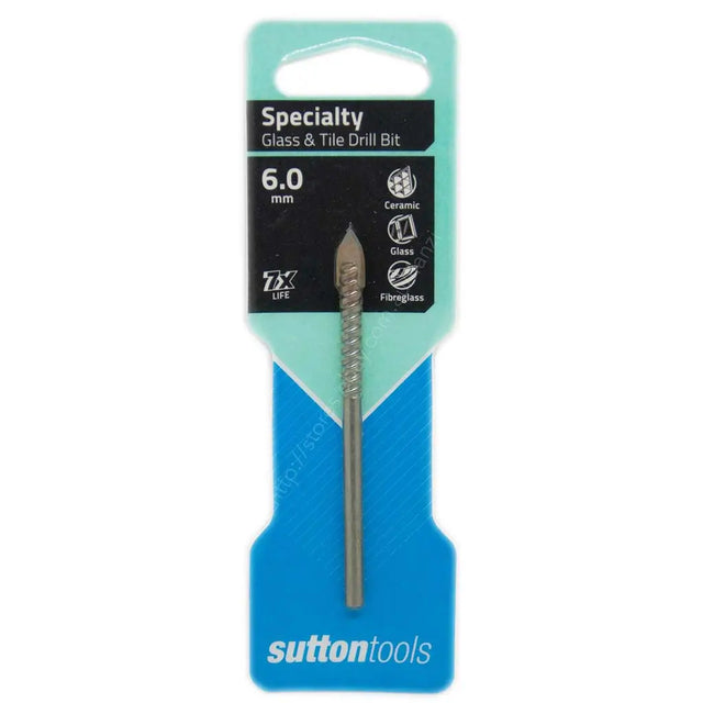 A 6.0 mm Specialty Glass & Tile Drill Bit by Sutton Tools, shown in its original retail packaging.