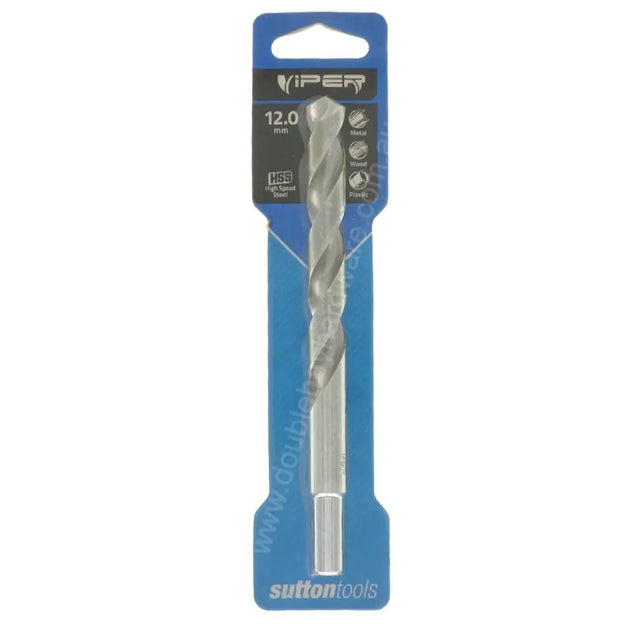 A 12.0 mm silver twist drill bit in its blue and black Sutton Tools Viper retail packaging, shown against a plain white background.