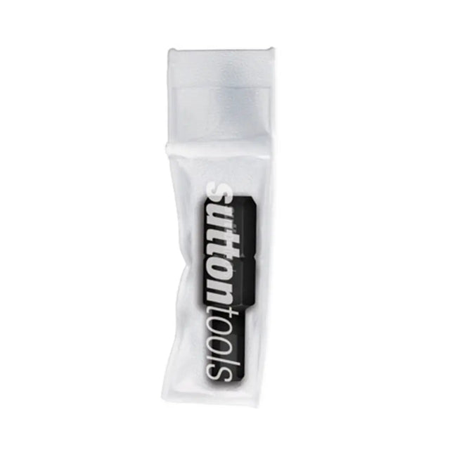 A SUTTON TOOLS brand black and white logo decal or patch inside a clear plastic protective sleeve, shown on a plain white background.