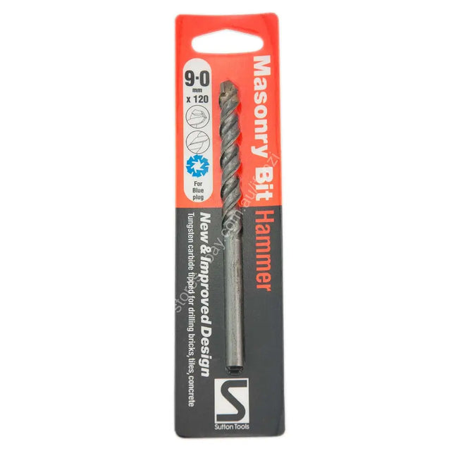 A packaged masonry bit hammer with a spiral drill bit and a built-in hammer head, shown in its retail blister pack on a white background. The packaging is orange, black, and white, with the brand 'Suction Tools' visible at the bottom.