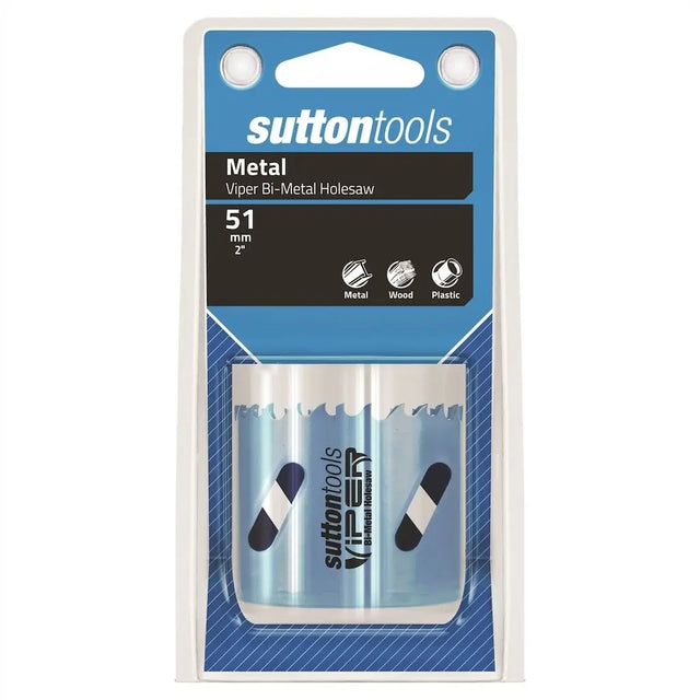 Sutton Tools Metal Viper Bi-Metal Holesaw 51 mm (2 inches) in retail blister packaging, showing the silver circular saw bit with black and white accents.
