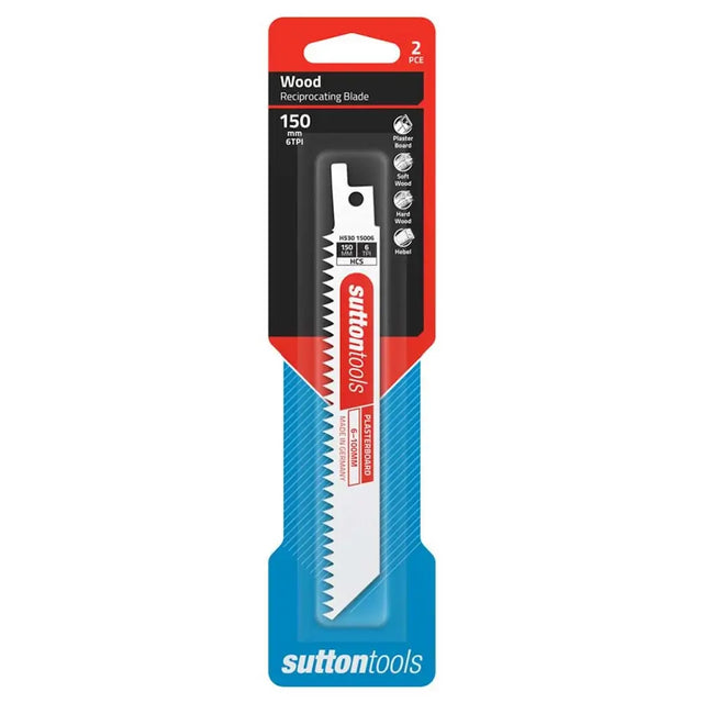 Sutton Tools 150 mm reciprocating saw blade in retail blister packaging, labeled for wood use, with a red and black header card and blue lower section.