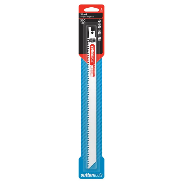 Sutton Tools 18V reciprocating saw blade in retail packaging, designed for wood cutting, featuring a blue blade with a silver cutting edge and a red and black header card.