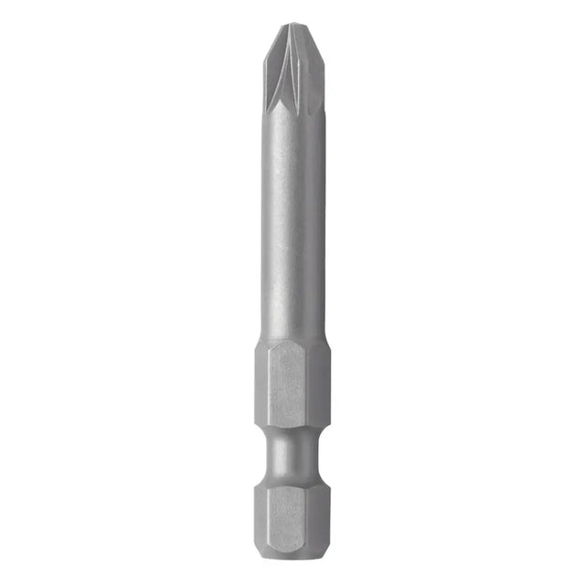 A silver metal flathead screwdriver bit with a hex shank, shown vertically against a plain white background.