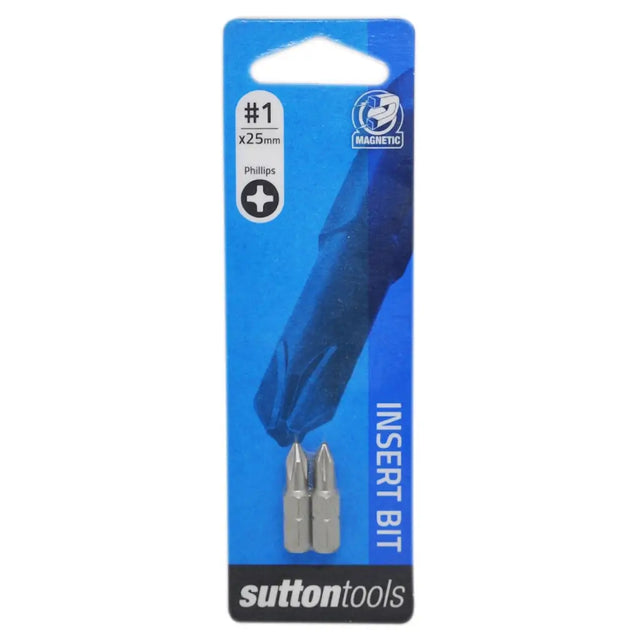 Two Phillips #1 x 25mm magnetic screwdriver bits in a blue and black Sutton Tools retail blister pack.