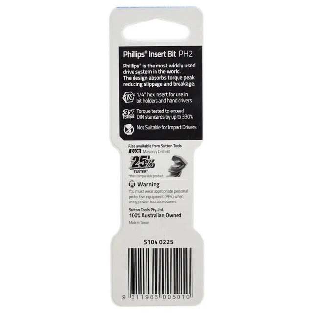 Two Phillips PH2 +25mm magnetic screwdriver bits in blue retail packaging by Sutton Tools.