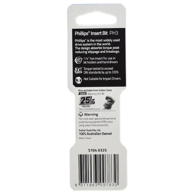 Phillips PH3 Insert Bit retail packaging card, featuring product specifications, a warning label, and a barcode on a white background.
