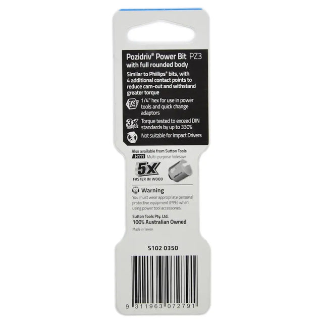 A packaged Pozidini Power Bit PZ3 socket driver bit with full rounded body, shown in its retail hanging card packaging on a white background.