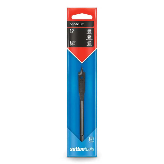 A 10 mm spade bit in its retail packaging, featuring a black and red header card with a blue lower section and the Sutton Tools logo.