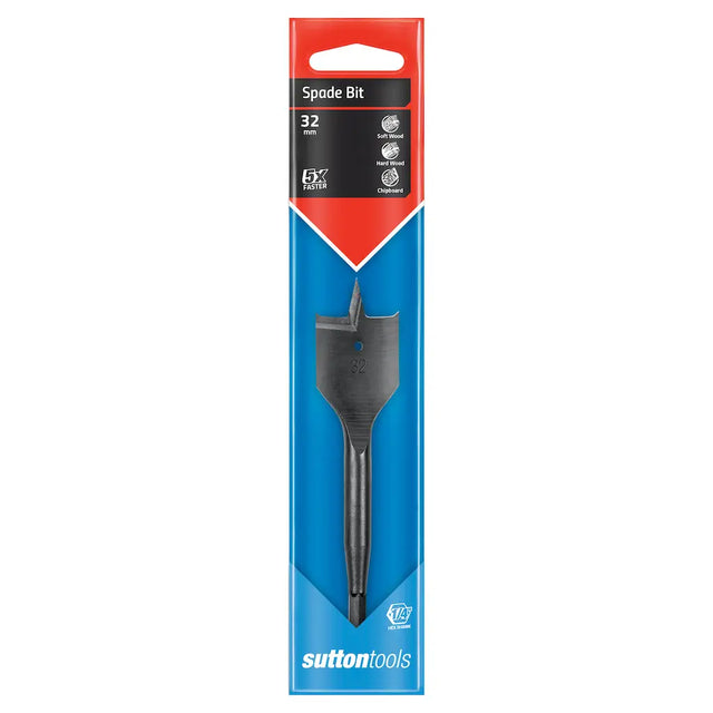 Sutton Tools 32 mm spade bit in its original retail packaging, featuring a black and blue card with a red header.