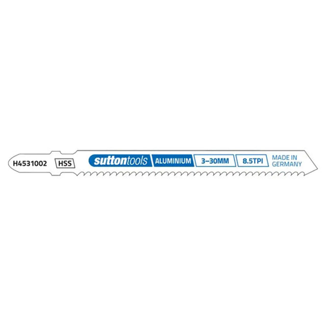 A SUTTON TOOLS HSS aluminium reciprocating saw blade, model H4531002, shown horizontally against a plain white background. The blade features a white body with blue and black printed text detailing its specifications: 'ALUMINIUM 3-30MM 8.