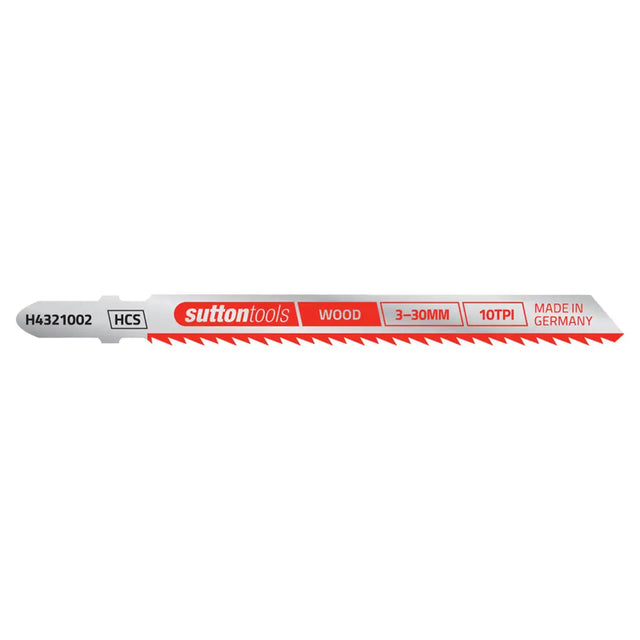 A 10TPI wood reciprocating saw blade by Sutton Tools, model H43211002, shown horizontally against a plain white background. The blade is silver with red and black printed text and graphics, including 'sutton tools', 'WOOD', '3-30MM', and '10TPI'.