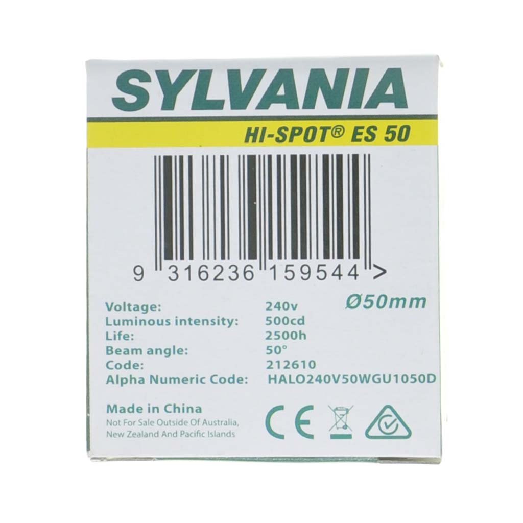 SYLVANIA Hi - Spot ES 50 Halogen Light Bulb GU10 240V 50W 50° 212610