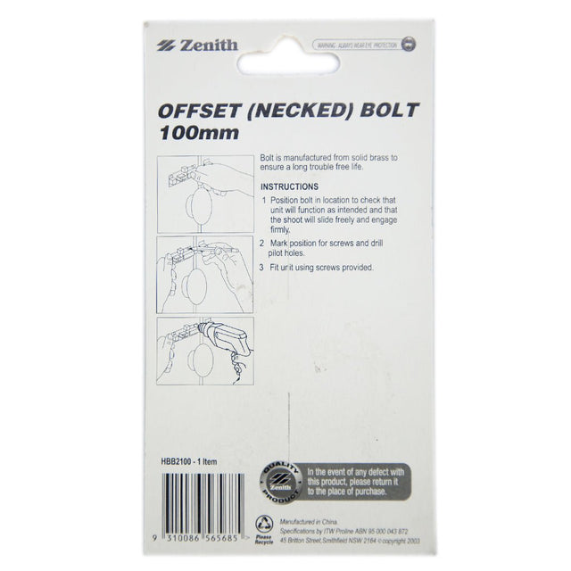 Zenith Offset(Necked) Bolt 100mm Solid Brass Chrome Plated HBB2100