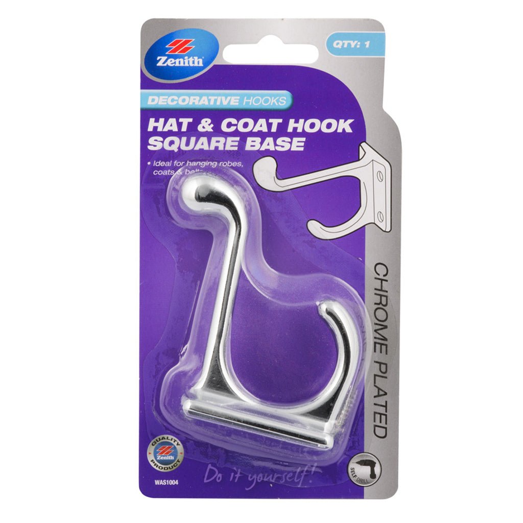 Zenith Square Base Hat & Coat Hook 80mm Chrome Plated WAS1004