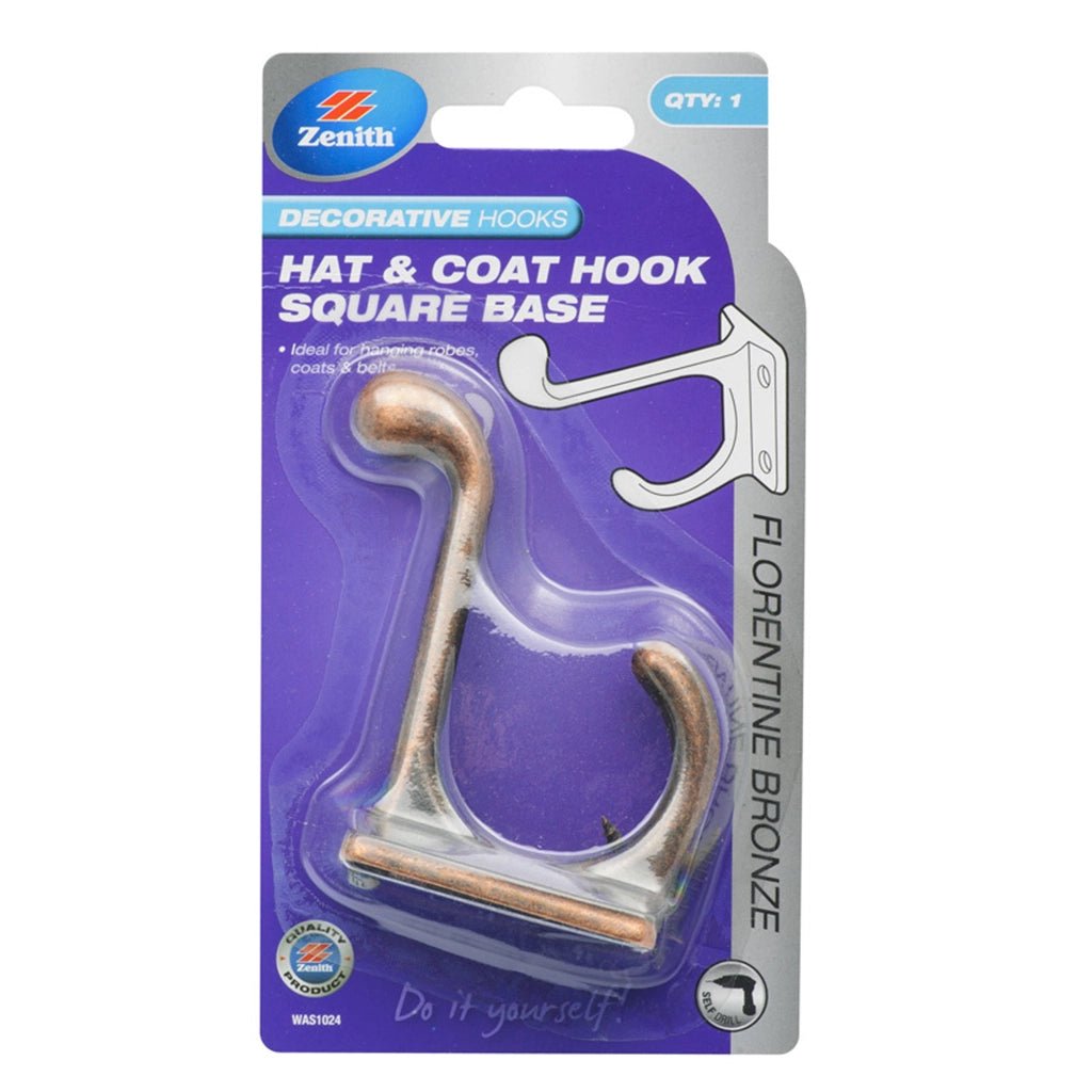 Zenith Square Base Hat & Coat Hook 80mm Florentine Bronze WAS1024