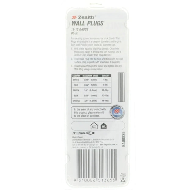 Zenith Wall Plug Blue 5/16"x25mm For 13 - 15 Gauge Screw EAU0825