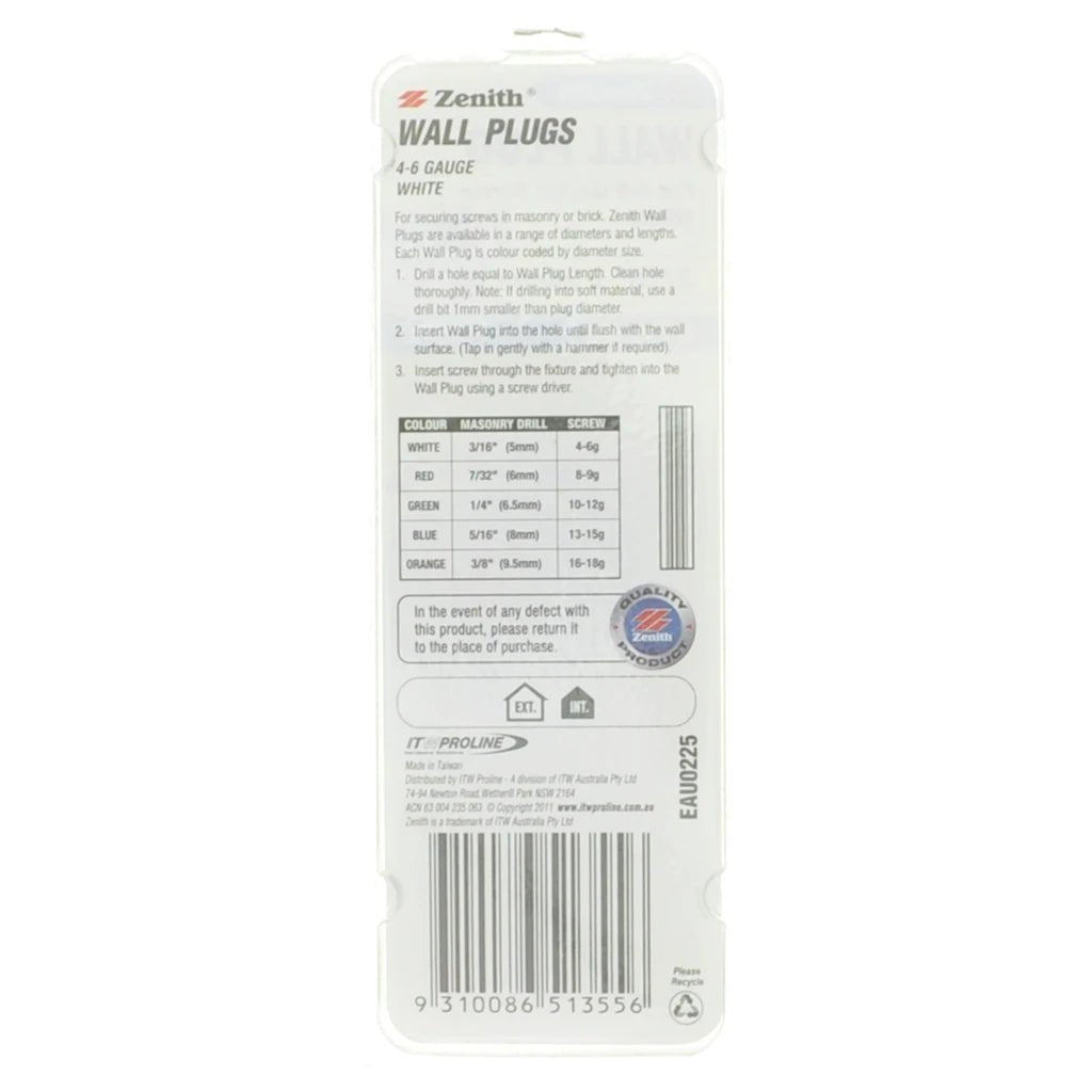 Zenith Wall Plug White 3/16"x25mm For 4 - 6 Gauge Screw EAU0225