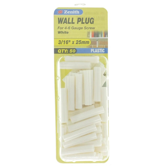 Zenith Wall Plug White 3/16"x25mm For 4 - 6 Gauge Screw EAU0225
