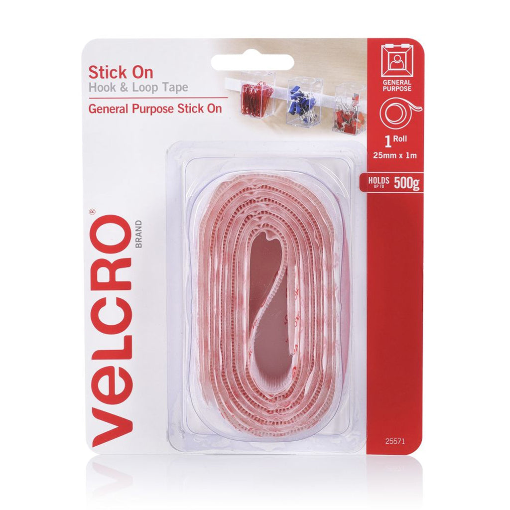 VELCRO Stick On Hook & Loop Tape 25mmX1m Holds Up To 500g 25571