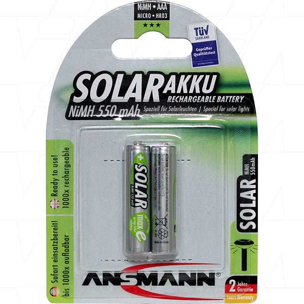 ANSMANN SOLARAKKU AAA Rechargeable Battery NiMH 1.2V 550mAh 59001-067BP2 - Double Bay Hardware