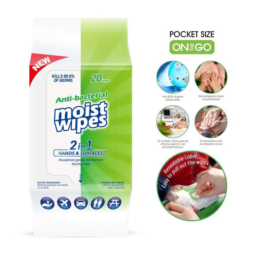 Antibacterial Wet Wipes 2 in 1 Hands and Surfaces 20 Wipes DUR5559