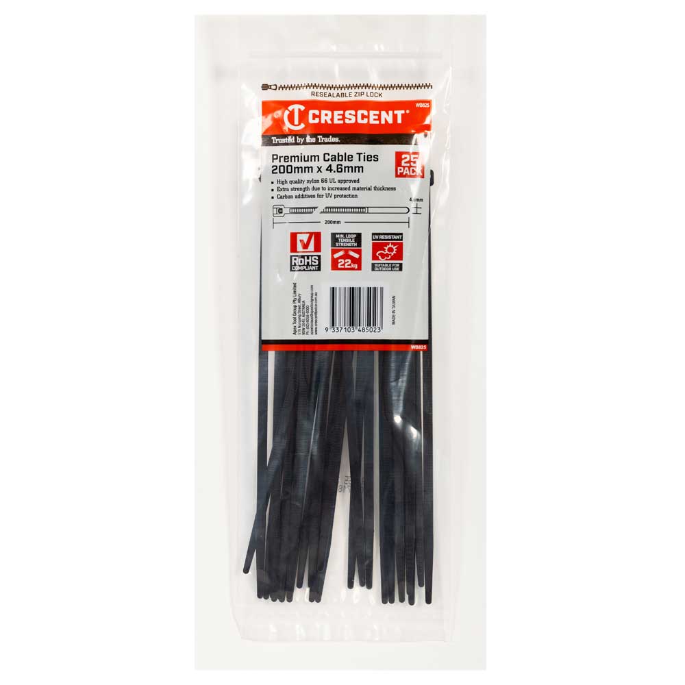CRESCENT Cable Ties 200x4.6mm Black 25Pk WB825 - Double Bay Hardware