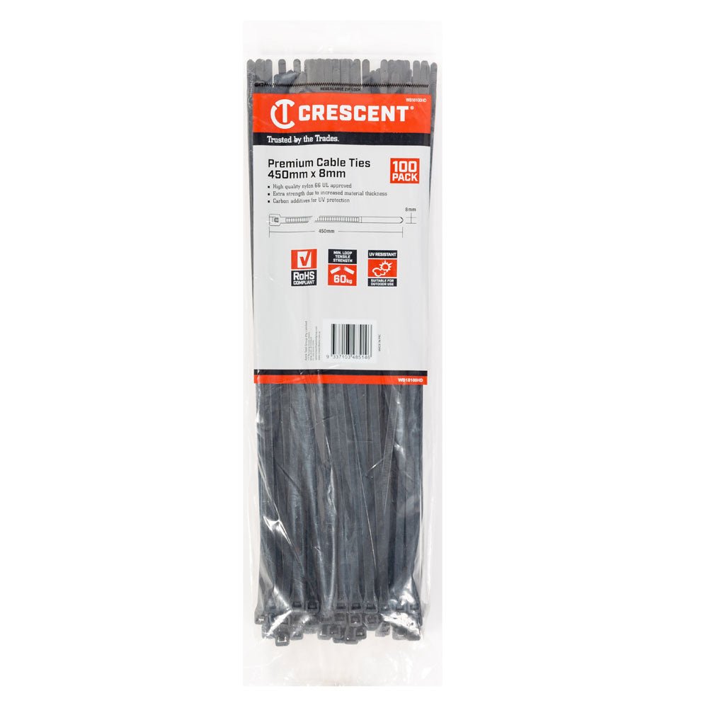 CRESCENT Cable Ties 450x7.6mm Black 100Pk WB18100HD - Double Bay Hardware