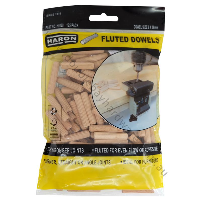 Haron Fluted Dowels 8mm X 38mm 125 Pieces Ideal For Furniture and Joints H5428 - Double Bay Hardware
