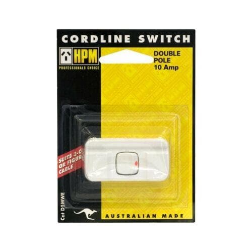 HPM Cordline Switch Double Pole 10amp White Suits 3-Core or Figure-8 Cable D5MWE - Double Bay Hardware