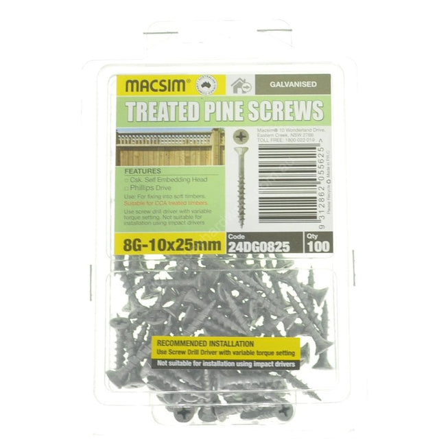 MACSIM 8G - 10x25mm Countersunk TREATED PINE Screw Galvanised 24DG0825