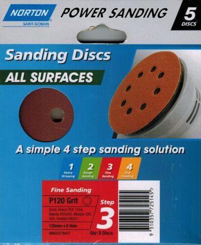NORTON Sanding Discs All Surface P120 Grit 125mm x 8 Hole 5 Discs - Double Bay Hardware