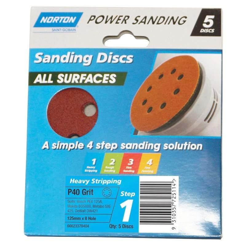 NORTON Sanding Discs All Surface P40 Grit 125mm x 8 Hole 5 Discs - Double Bay Hardware
