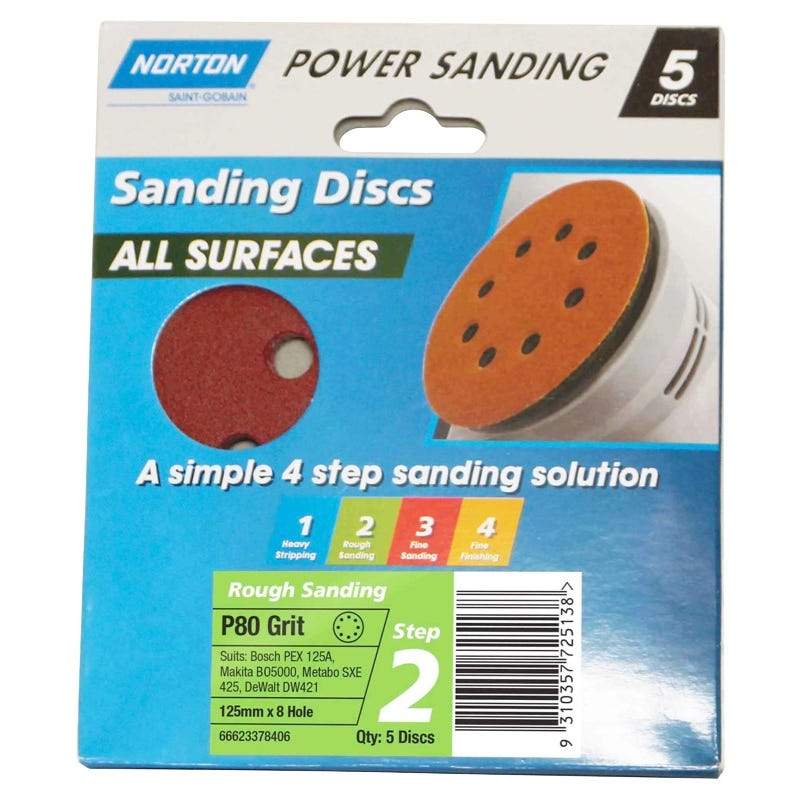 NORTON Sanding Discs All Surface P80 Grit 125mm x 8 Hole 5 Discs - Double Bay Hardware