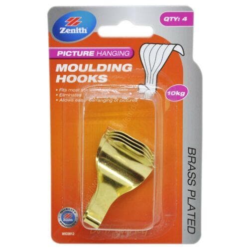 ZENITH 4Pcs Moulding Hooks Brass Plated 10Kg Hanging Pictures Over Rail WIC0012 - Double Bay Hardware