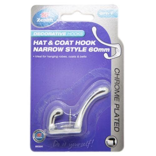 Zenith Decorative Hooks Hat & Coat Hook Narrow Style Chrome Plated 60mm WIC0241 - Double Bay Hardware